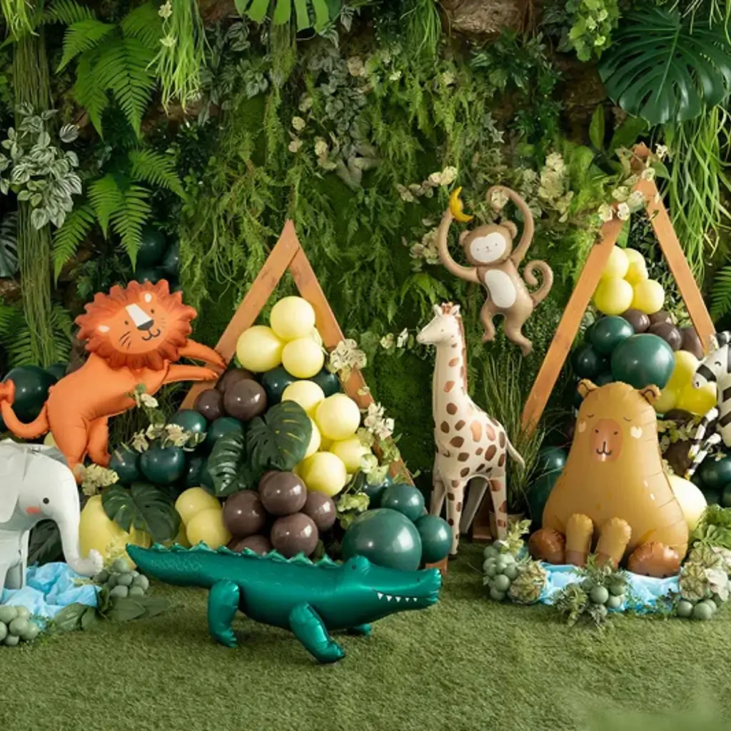 Stående aluminiumskugle i form af en krokodille, 126 cm – Jungledekoration til fødselsdag