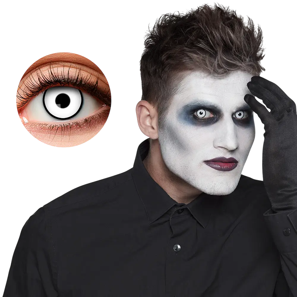 Hvide kontaktlinser med sort kant fra Maniaque – Halloween-kontaktlinser