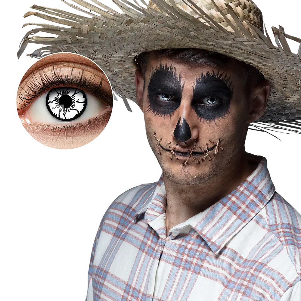 Hvide, krakelerede linser – Sort fugleskræmsel – Halloween-linser