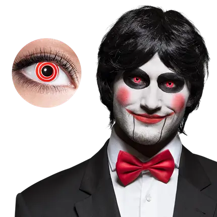 Røde og hvide spiralformede kontaktlinser – Halloween-kontaktlinser