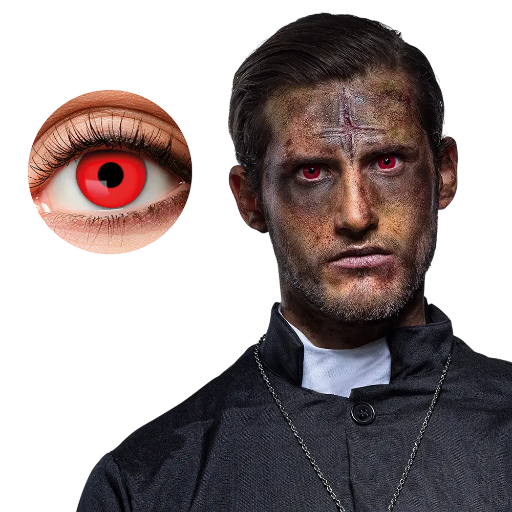 Kontaktlinser med røde øjne og sort pupil – Djævel-kontaktlinser til Halloween