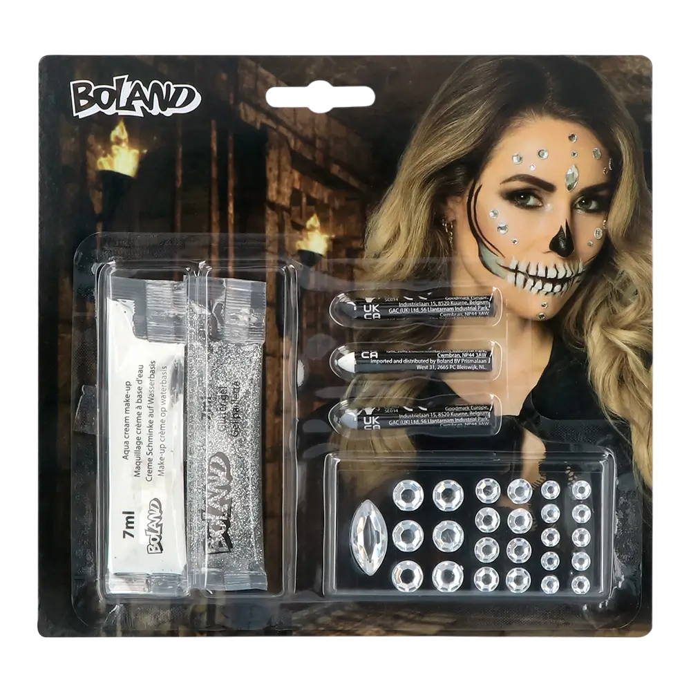 Diamant-skelet-makeup-sæt – Makeup, glitter og rhinestones