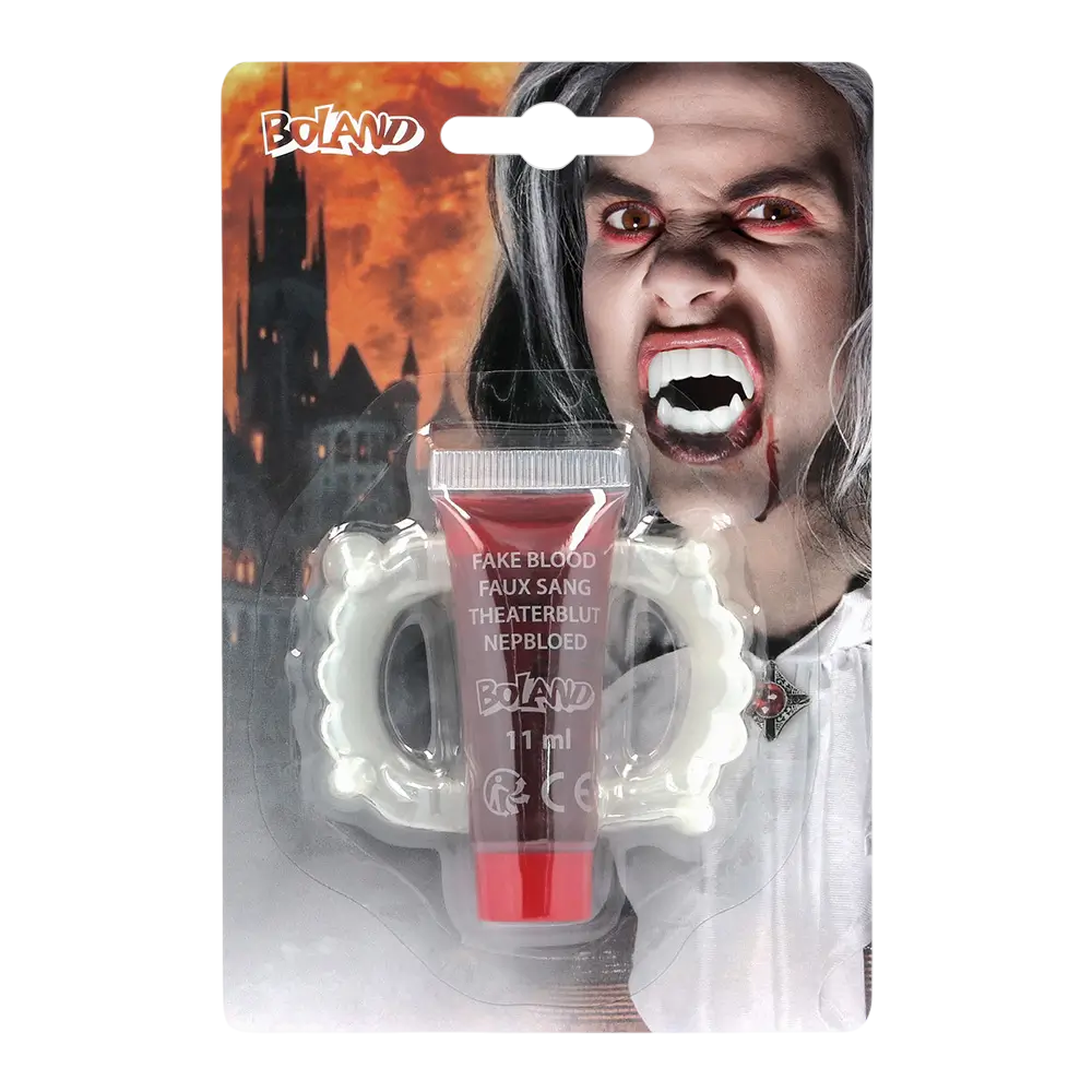 Vampyr-sæt – Vampyrtænder og kunstigt blod 11 ml