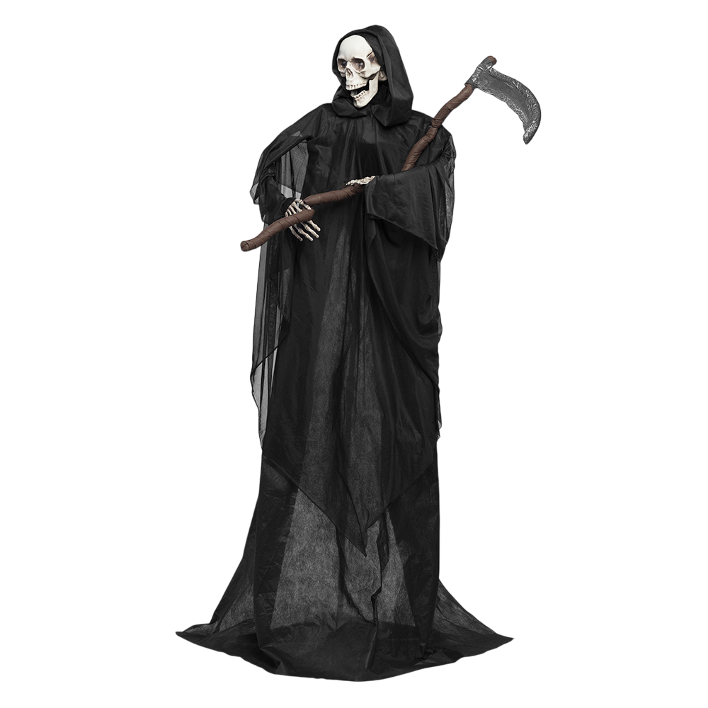 Animeret skeletdukke som dødsenglen med le, 183 cm – Halloween
