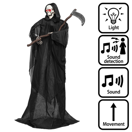 Animeret skeletdukke som dødsenglen med le, 183 cm – Halloween