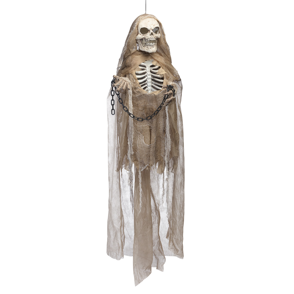 Bevægelig skeletdukke med lys og lyd samt kæder, 183 cm – Halloween