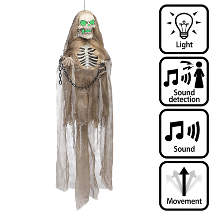 Bevægelig skeletdukke med lys og lyd samt kæder, 183 cm – Halloween