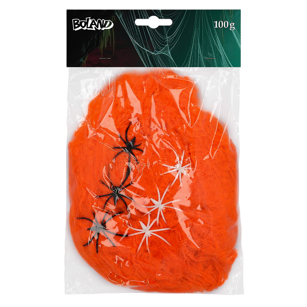 Orange spindelvæv 100 g med 6 UV-edderkopper – Halloween