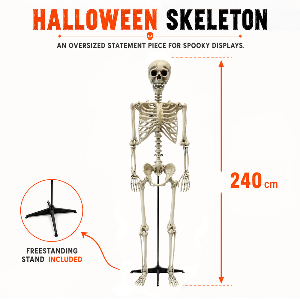 Kæmpe skelet, 240 cm – Halloween-dekoration