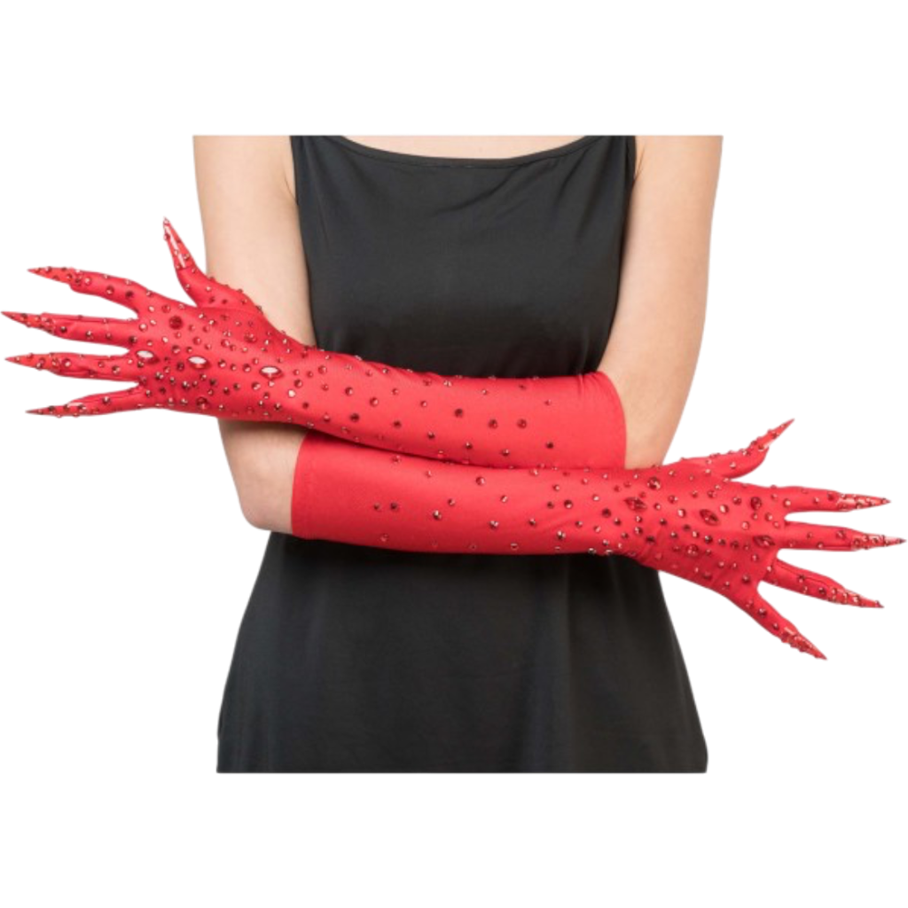 Røde Diablesse-handsker med strass, 45 cm – Halloween-tilbehør