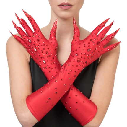 Røde Diablesse-handsker med strass, 45 cm – Halloween-tilbehør