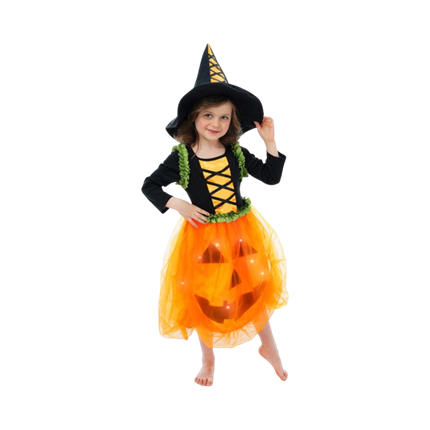 LED-græskar-udklædning med hat, 104 cm – Halloween-kostume til børn