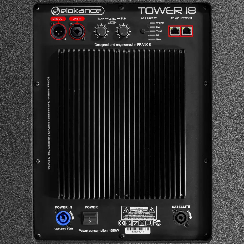 Aktivt 3-vejs søjlesystem, 1700 W RMS, med 18"-subwoofer – Elokance