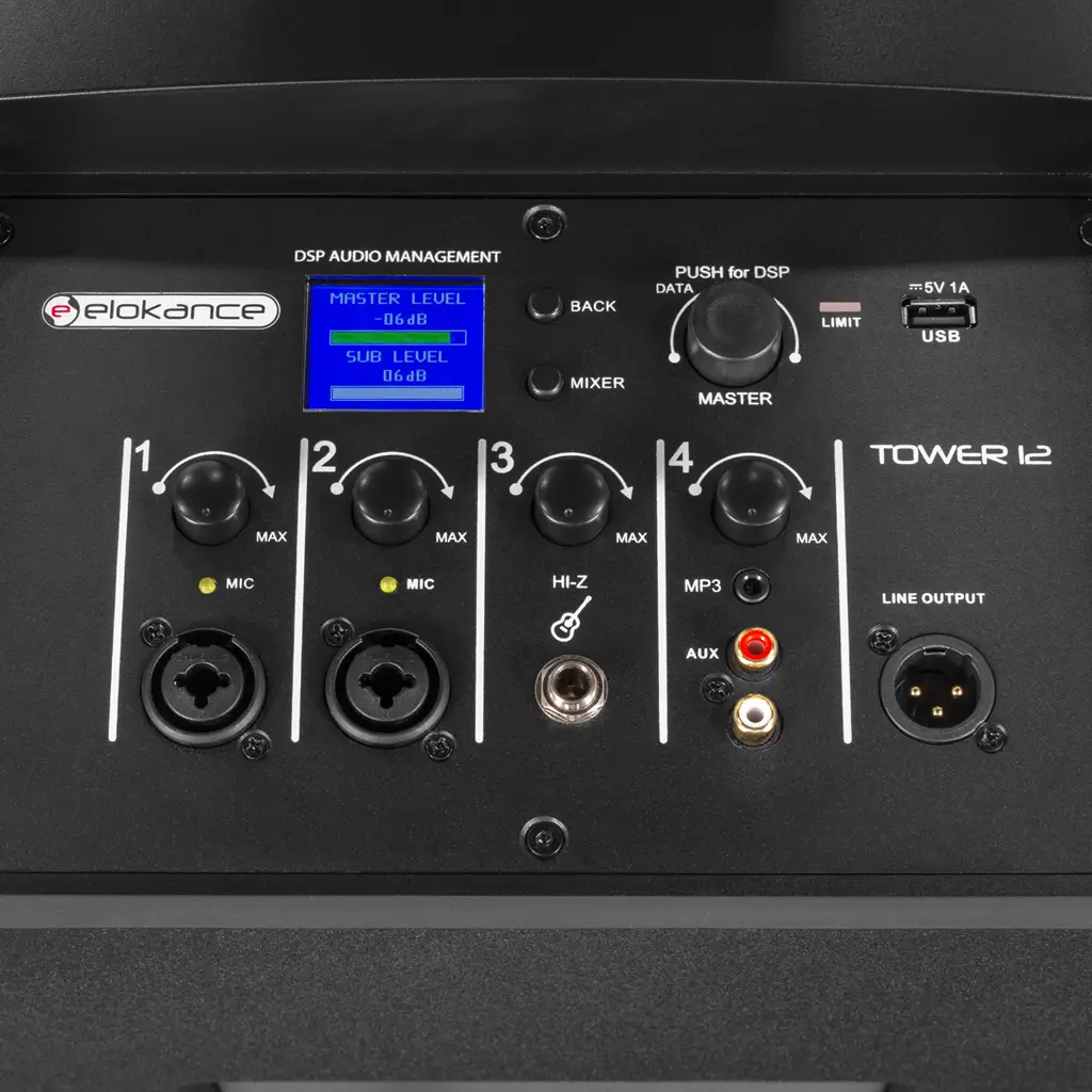 Aktivt 3-vejs søjlesystem, 800 W RMS, med 12"-subwoofer – Elokance