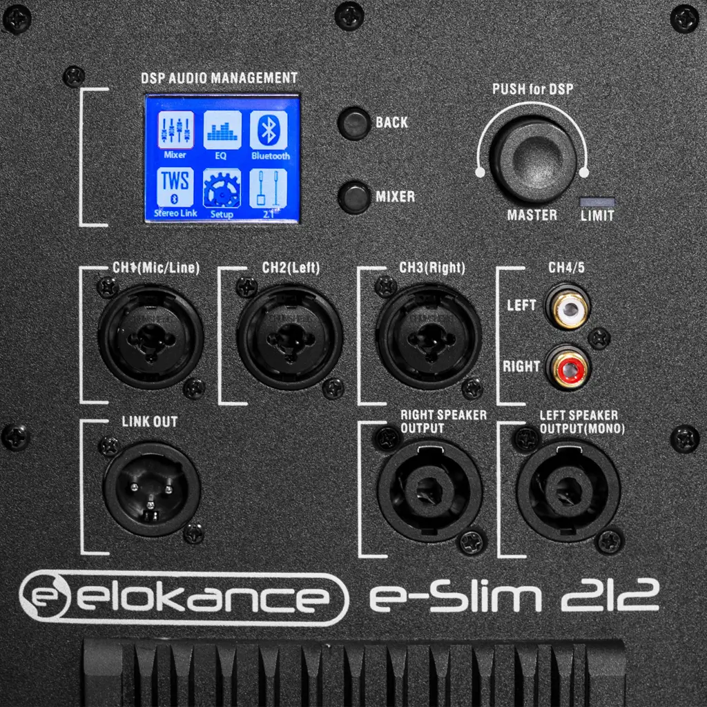 Aktivt 2-vejs søjlesystem, 800 W RMS, med 12"-subwoofer – Elokance