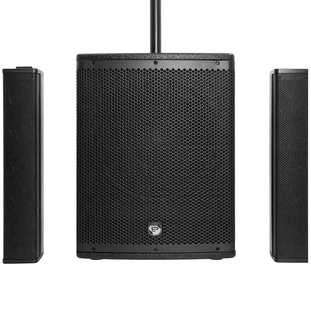 Aktivt 2-vejs søjlesystem, 800 W RMS, med 12"-subwoofer – Elokance