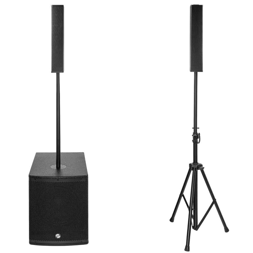 Aktivt 2-vejs søjlesystem, 800 W RMS, med 12"-subwoofer – Elokance